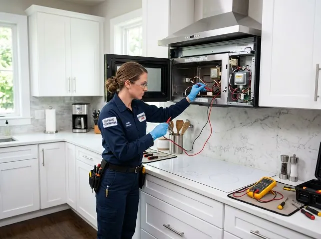 Appliance Repair Hero technician testing an over-the-range microwave in a Bowmansville, NY kitchen
